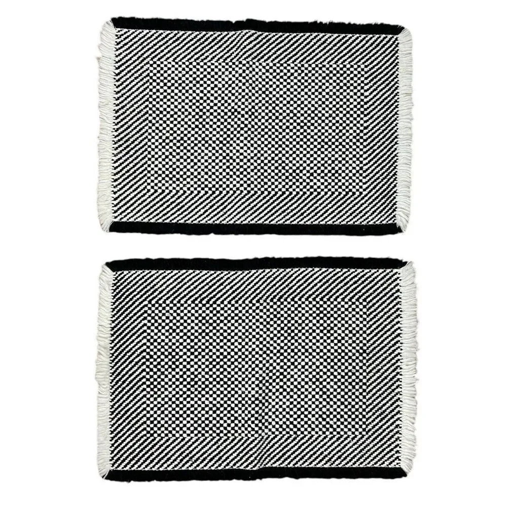 Vintage 1980s Woven Black & White Fringe Placemats Set 2 Checked 17 x 11 Unique